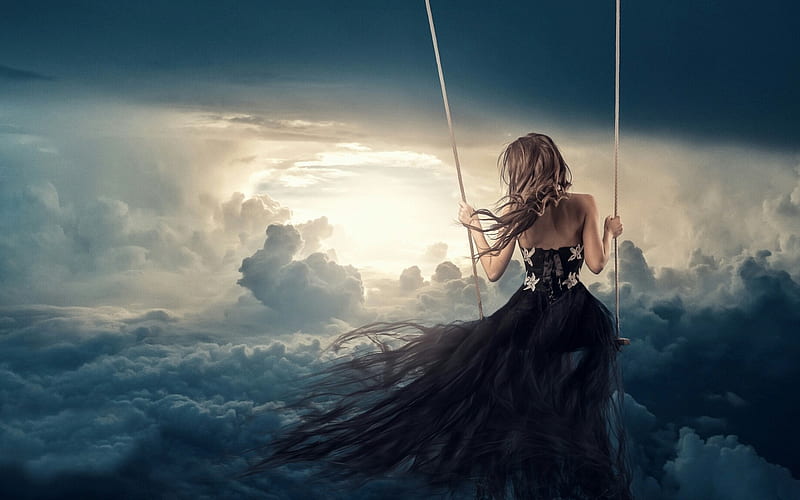 Moonlight swing, fantasy, moon, cloud, luminos, girl, swing, wind, sky, HD wallpaper