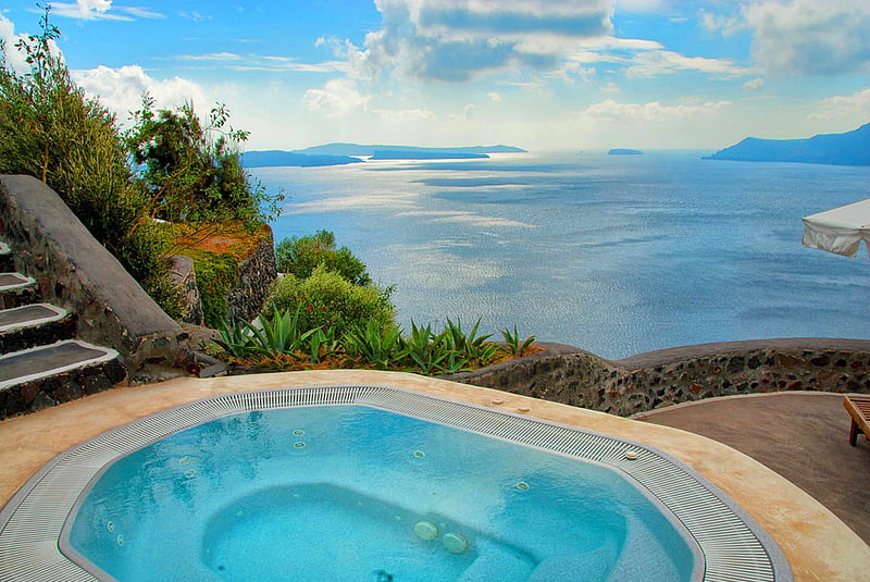 Jacuzzi View over Santorini, greece, greek, meditaranean, bonito, sea, islands, view, ocean, relax, vista, hot tub, paradise, santorini, spa, jacuzzi, island, bay, HD wallpaper