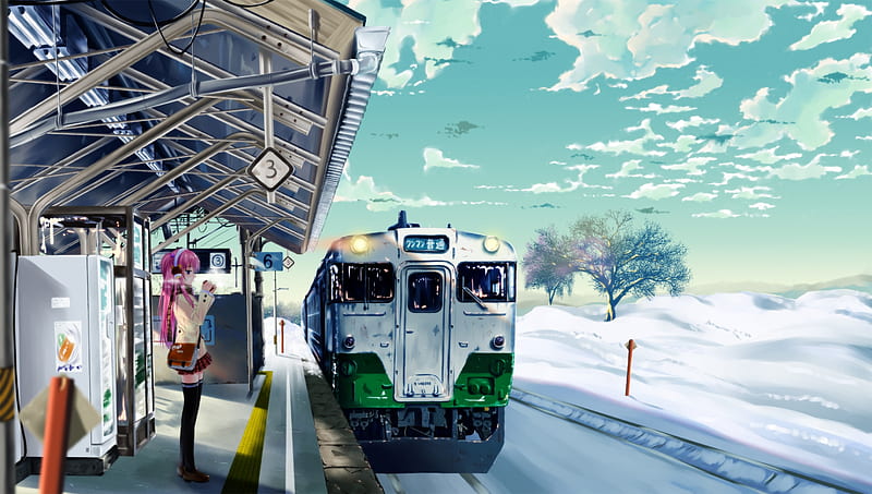 Megurine Luka at Train Station, vocaloid, vehicle, female, transport, winter, cute, train, girl, snow, anime, anime girl, HD wallpaper