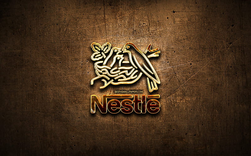 Nestle golden logo, artwork, brown metal background, creative, Nestle logo, brands, Nestle, HD wallpaper