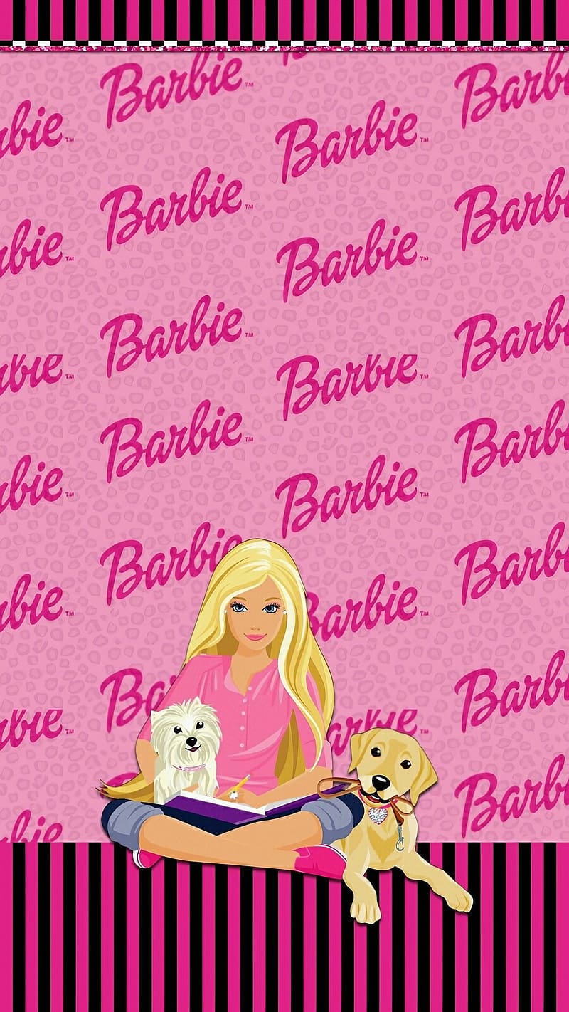 Barbie Doll Cartoon, Barbie Sitting With Dogs, animated, HD phone wallpaper