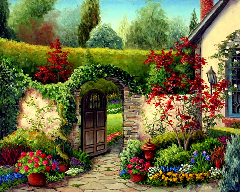 Garden Welcome, gate, house, archway, trees, wall, door, hedge, flowers, garden, HD wallpaper