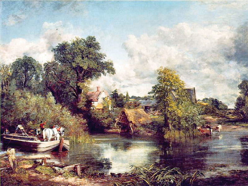 White Horse 1, art, John Constable, equine, horse, artwork, water, ferry, Constable, painting, village, river, scenery, oldmaster, landscape, HD wallpaper