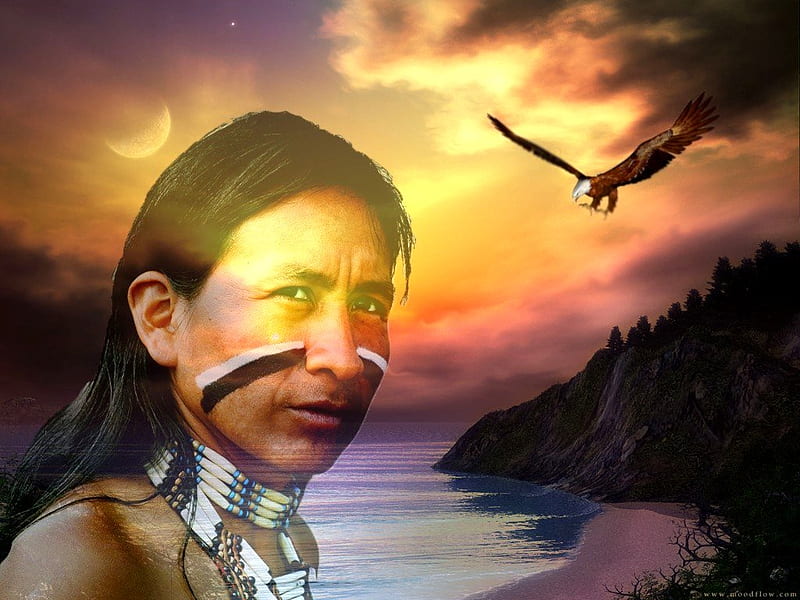 WARRIOR INDIAN, warrior, sun, water, indian, mountains, eagle, HD wallpaper