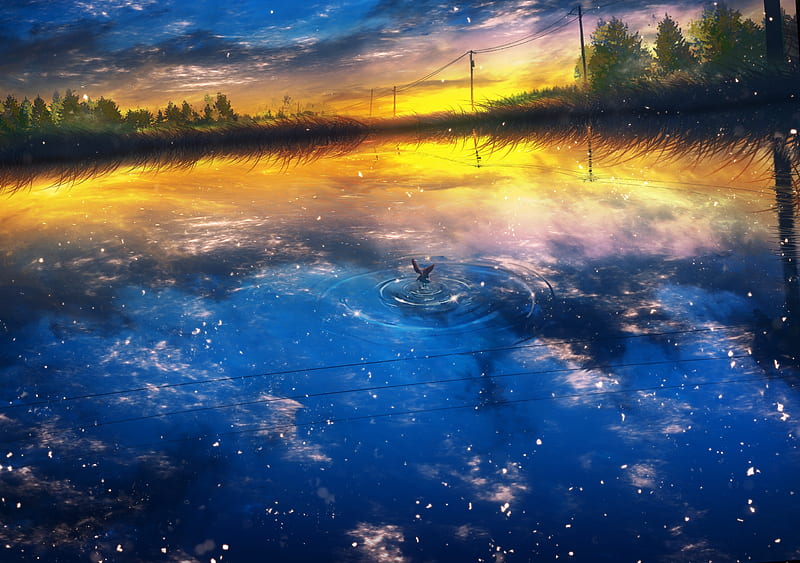 anime landscape, scenery, reflection, sunset, Anime, HD wallpaper