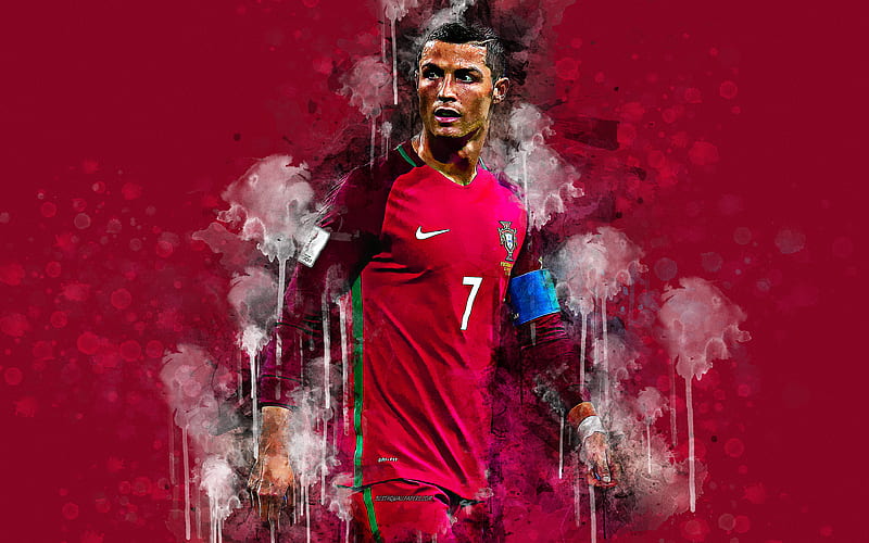 Cristiano Ronaldo, art, spray paint splash art, Portuguese footballer, creative art, Portugal national football team, grunge style, red background, Portugal, HD wallpaper