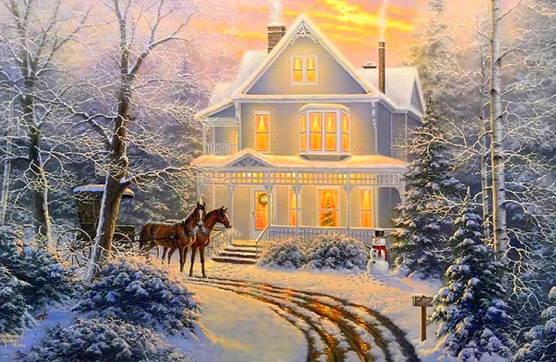 Victorian House, Christmas, holidays, New Year, houses, love four seasons, snowman, xmas and new year, winter, snow, carriages, HD wallpaper