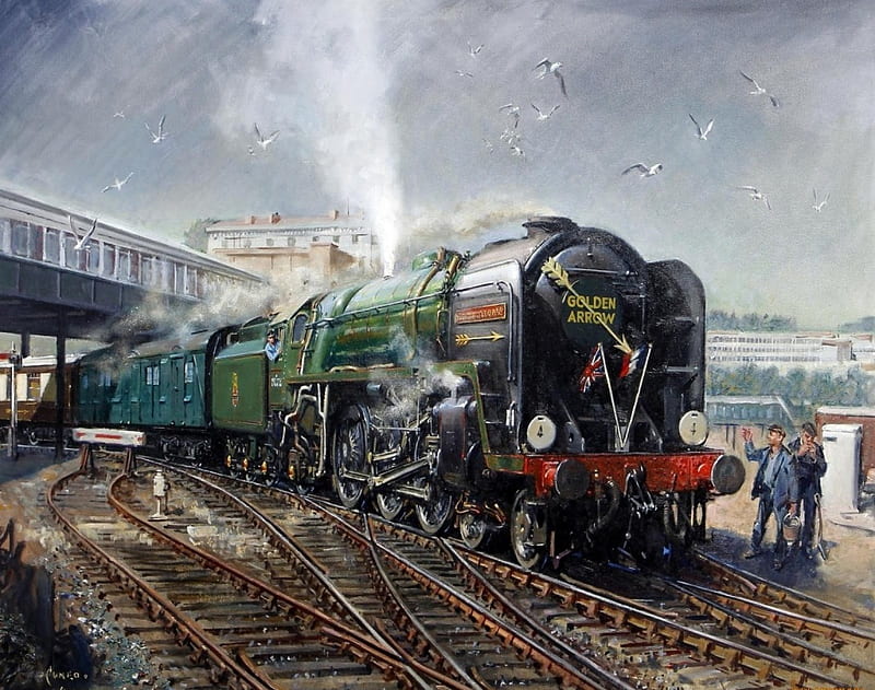 The Golden Arrow, train, people, painting, steam, railways, artwork, HD ...