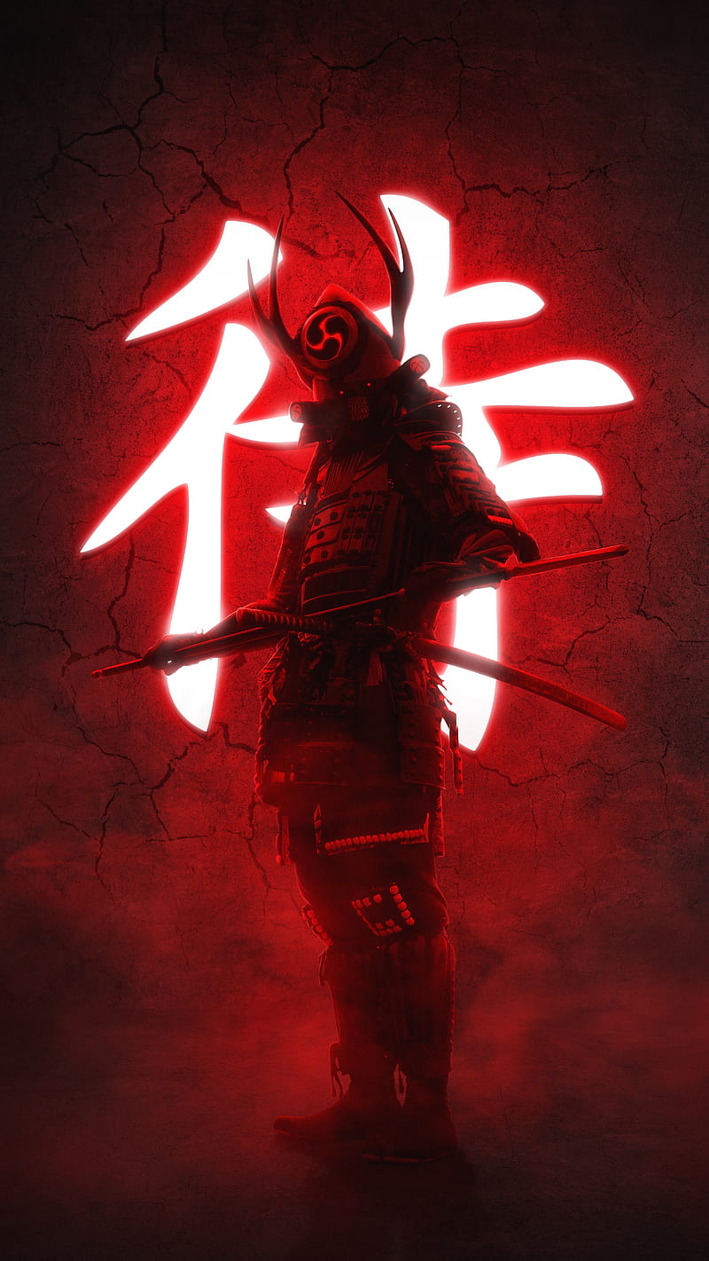 portrait display, artwork, digital art, warrior, red background, samurai, armor, katana, sword, HD phone wallpaper