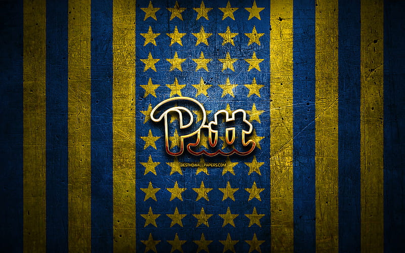 Pittsburgh Panthers flag, NCAA, blue yellow metal background, american football team, Pittsburgh Panthers logo, USA, american football, golden logo, Pittsburgh Panthers, HD wallpaper