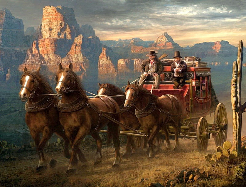 Horse power, mountains, travel, horse, team, carriage, HD wallpaper