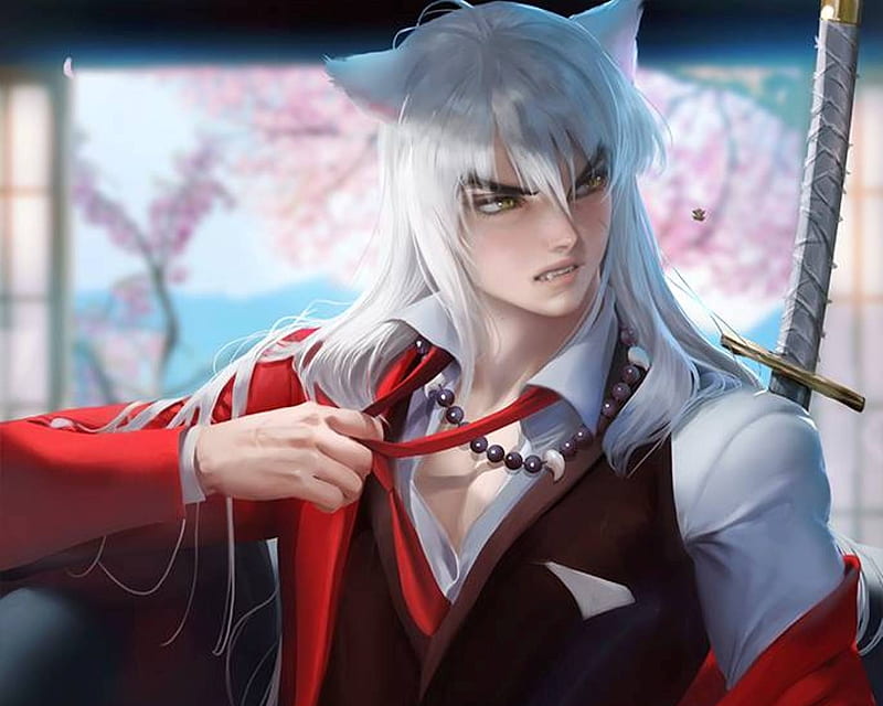 Inuyasha, red, guy, white hair, anime boy, angry, emotional, anime, handsome, beast, hot, inu, long hair, dog, shirt, mad, sexy, boy, silver hair, sinister, white, HD wallpaper