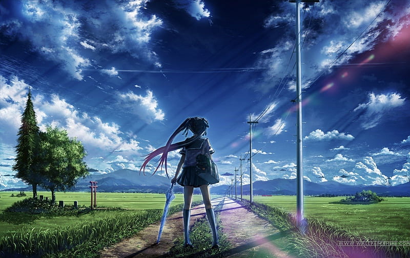 the right way, schoolgirl, grass, sun light, umbrella, sky, tree, girl, anime, way, long hair, landscape, school uniform, HD wallpaper
