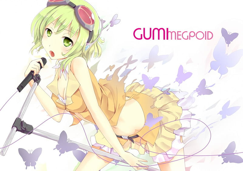 Gumimegpoid Vocaloid Goggles Green Eyes Skirt Gumi Butterflies Short Hair Hd Wallpaper 5745