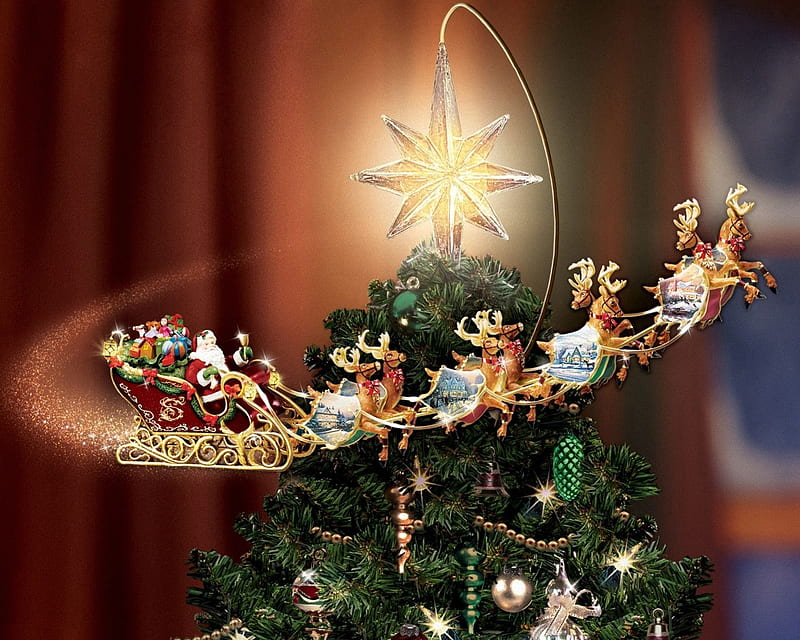 Thomas Kinkade - Santa and reindeer, christmas tree, Kinksde, christmas, decoration, new year, magic, Santa, Thomas Kinkade, santa claus, reindeer, kinkade, Xmas, sledge, star, HD wallpaper