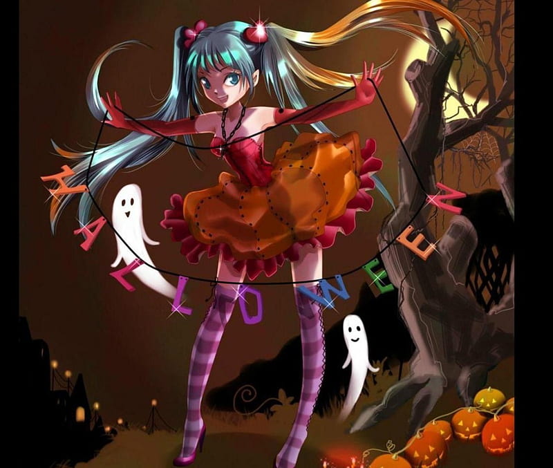 Hatsune Miku, orange, halloween, ginger, moon, green, anime, pumpkin, scary, night, phantom, manga, candles, fire, tree, girl, blue hair, white, HD wallpaper