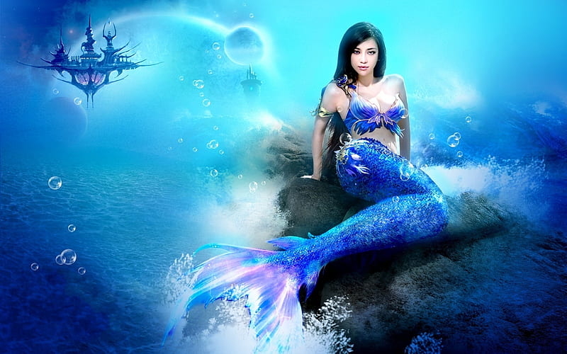 Mermaid on Rock, fantasy, rock, tail, ocean, bubbles, mermaid, castle, HD wallpaper