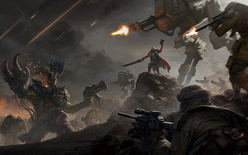 Warhammer 40K - Orks vs Imperial Guard, warhammer, imperial guard, 3d, video games, orks, warhammer 40k, HD wallpaper