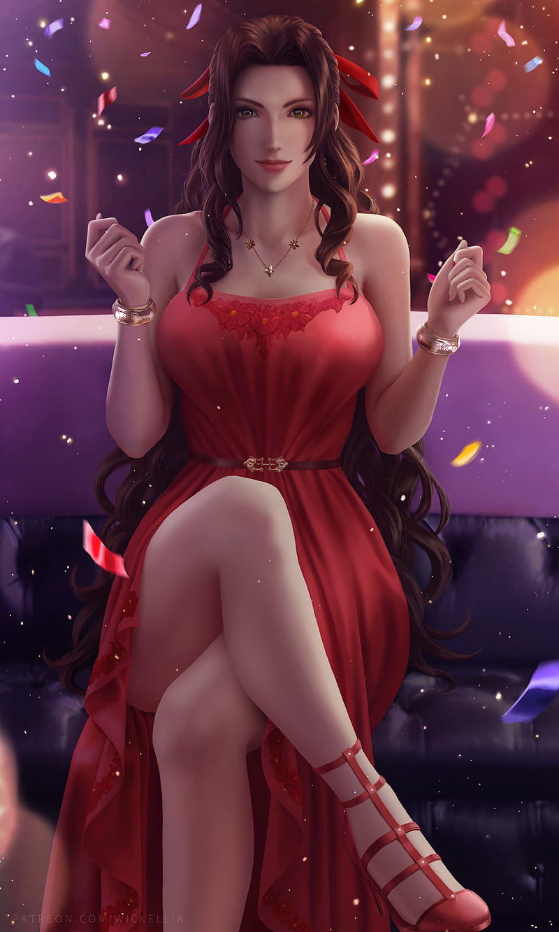 illustration, artwork, digital art, fan art, Wickellia, video games, video game characters, video game girls, fantasy girl, Final Fantasy, Final Fantasy VII, Aerith Gainsborough, long hair, brunette, legs crossed, Square Enix, legs, looking at viewer, red dress, necklace, Final Fantasy VII: Remake, confetti, anime, red, HD phone wallpaper