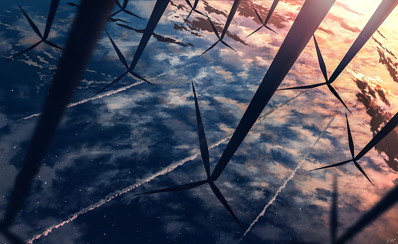 anime landscape, windmills, reflection, sunset, water, Anime, HD wallpaper