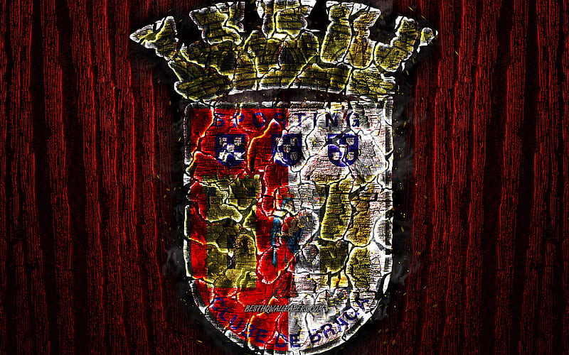 SC Braga, scorched logo, Primeira Liga, red wooden background, portuguese football club, Braga FC, grunge, football, soccer, Braga logo, fire texture, Portugal, HD wallpaper