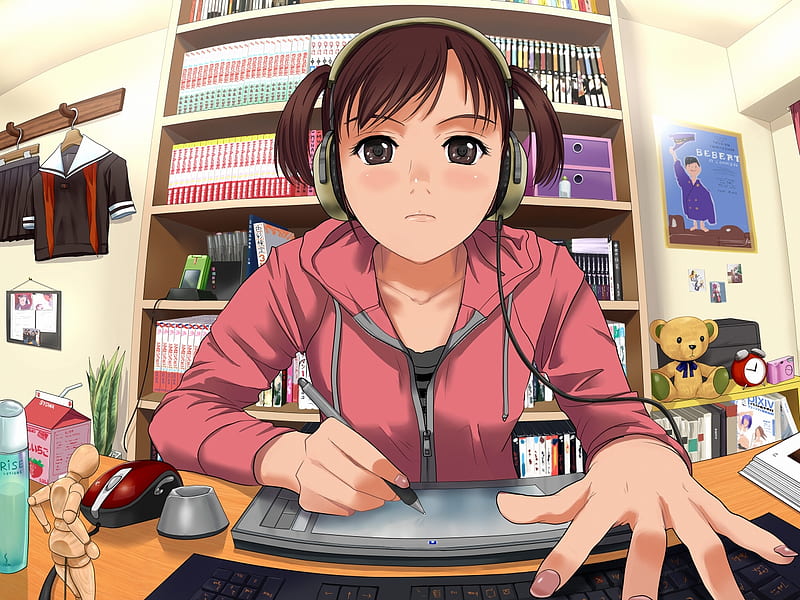 Using the Computer, books, computer, blushing, headphones, anime girl, school uniform, HD wallpaper