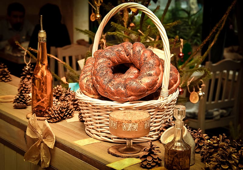 Still Life, Basket, Bread, , Bottle, Pine Cone, HD wallpaper