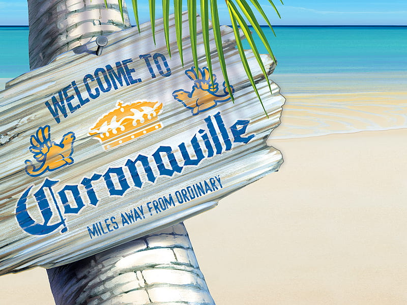 Coronaville, exotic, trees, corona, palm trees, beach, sand, water, extra, beer, tropical, HD wallpaper