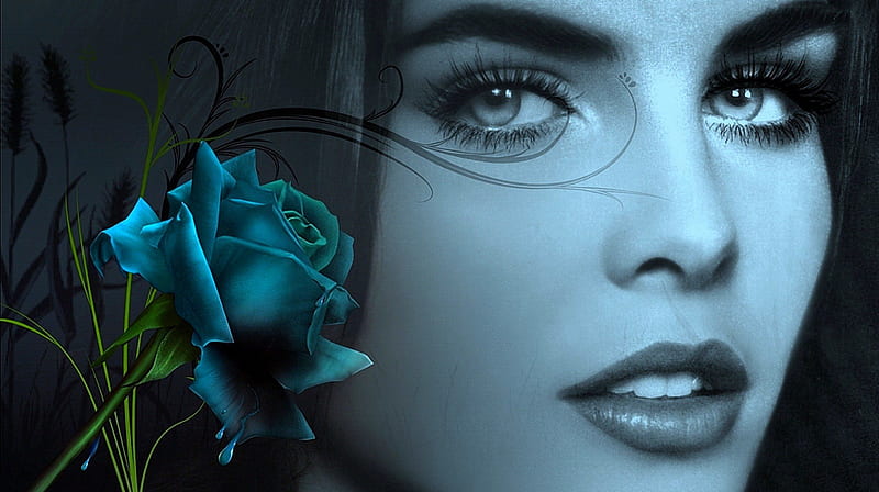 Blue rose, pretty, colors, bonito, magic, splendor, girl, flower, mirror, face, HD wallpaper