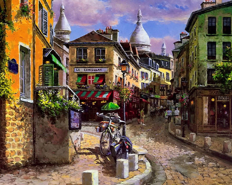 Monmartre, France, pretty, house, bonito, nice, stone, people, painting, shops, flowers, beauty, bike, Monmartre, street, art, lovely, France, church, building, summer, walk, HD wallpaper