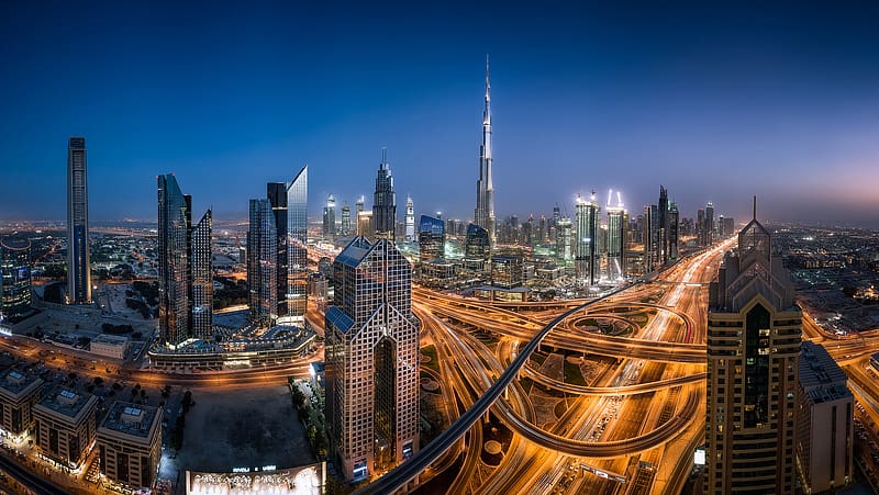 Cities, Night, City, Skyscraper, Building, Road, Dubai, Panorama, Cityscape, United Arab Emirates, Highway, HD wallpaper