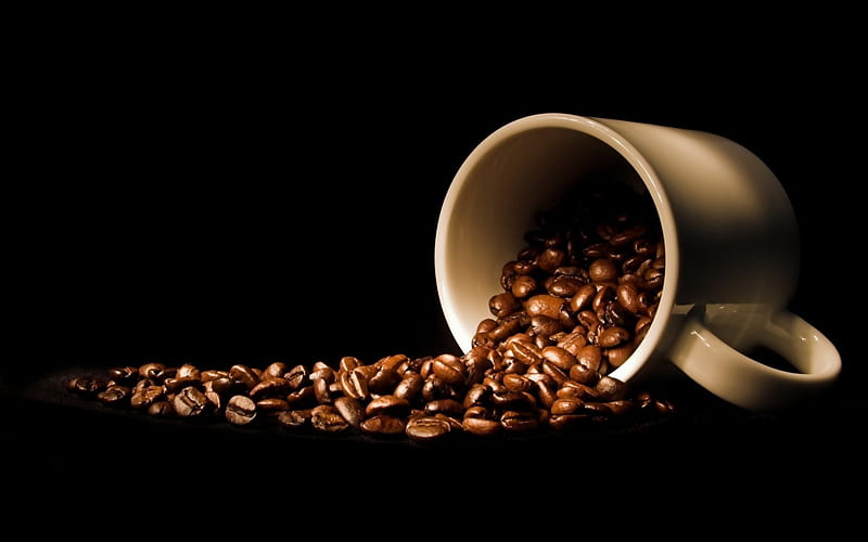 coffee, black, mug, beans, HD wallpaper