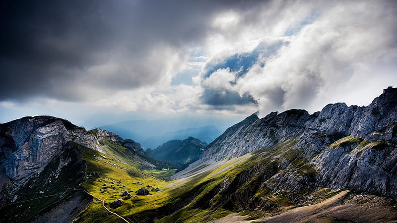 the beautiful swiss alps, trail, clouds, valley, mountains, HD wallpaper