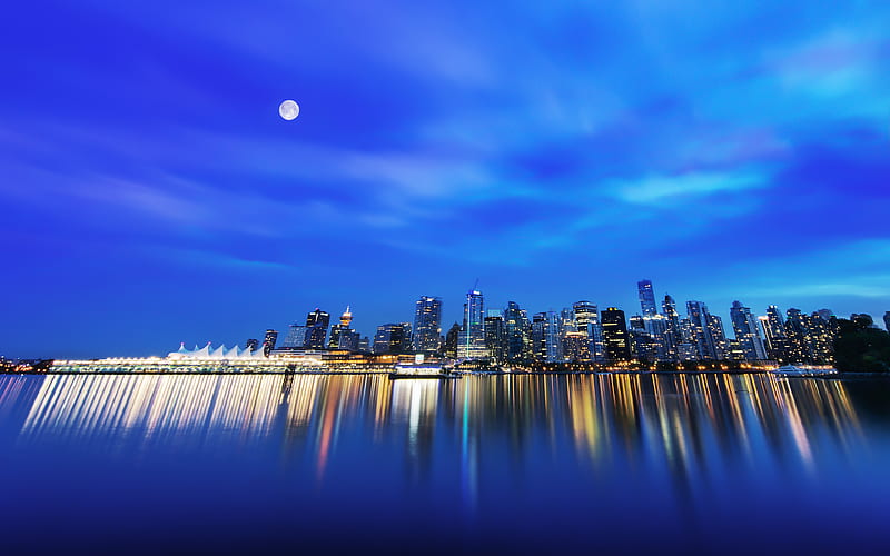 canada, vancouver, cityscape, skyscrapers, night, moon, reflection, City, HD wallpaper