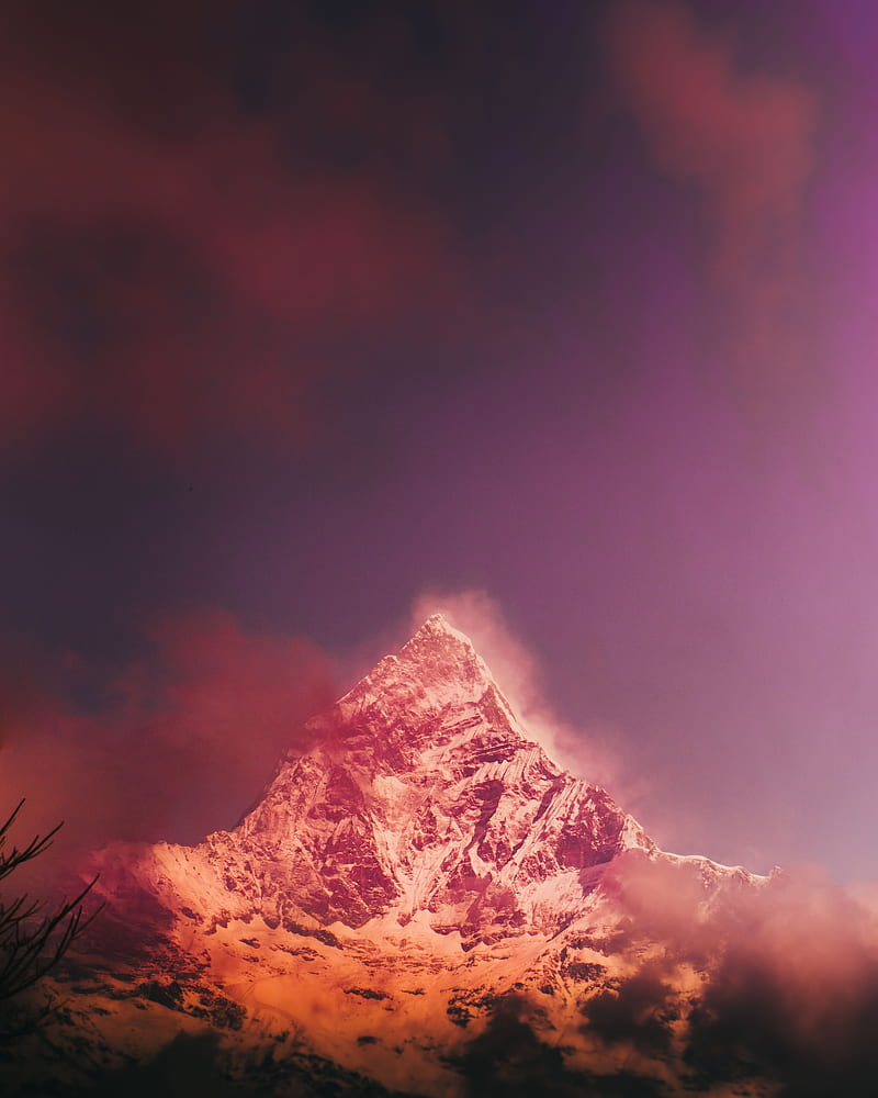 mountains, peak, snowy, fog, pink, HD phone wallpaper