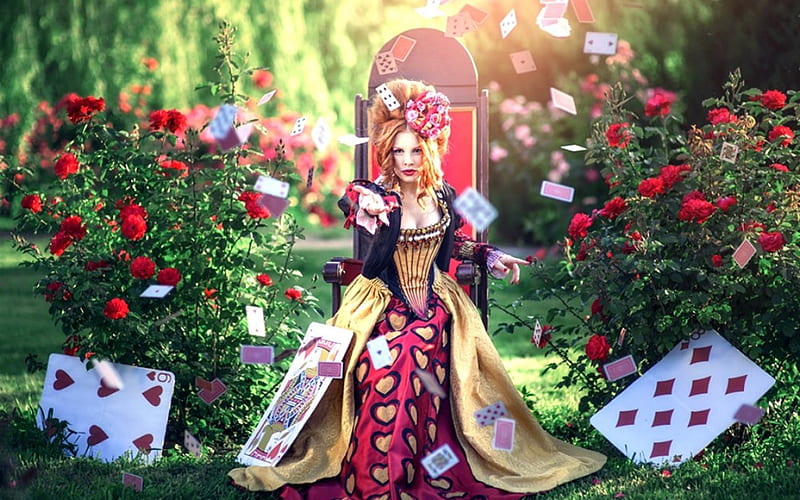 Queen of Hearts, flowers, cards, woman, fashion, HD wallpaper
