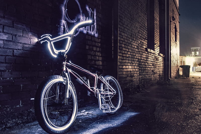 bicycle, neon, steering wheel, yard, evening, HD wallpaper