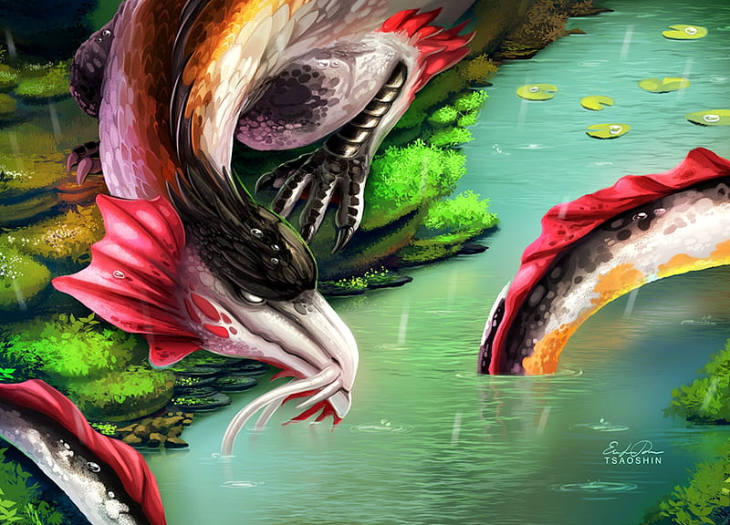 Koi Dragon, fantasy, water, luminos, green, tsaoshin, yellow, pink, HD wallpaper