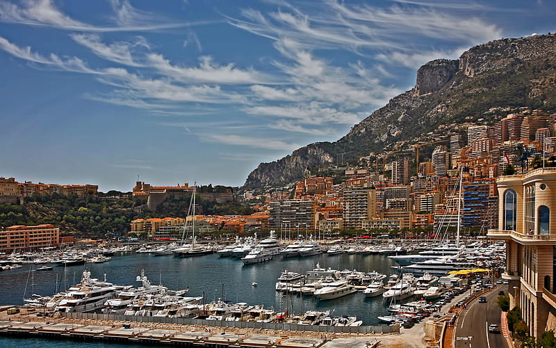 luxury yachts, mountains, Monte Carlo, Monaco, Mediterranean, yacht parking, HD wallpaper