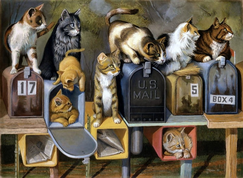 Cats Got Mail F2Cmp, art, mailboxes, bonito, cat, artwork, canine, animal, pet, feline, painting, wide screen, dog, HD wallpaper