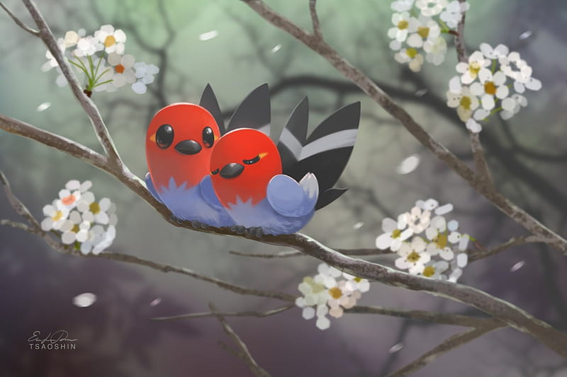 Springtime, pretty, cg, pokemon, adorable, floral, sweet, blossom, nice, anime, love, realistic, gorgeous, lovely, spendid, love bird, cute, tree, kawaii, bird, flower, awesome, fletchling, branches, HD wallpaper
