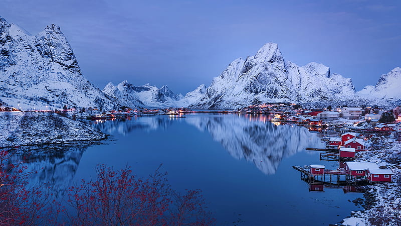 Lofoten, Norway, Norway, sea, night, north, houses, cold, winter, mountain, Europe, Lofoten, snow, reflection, frost, HD wallpaper
