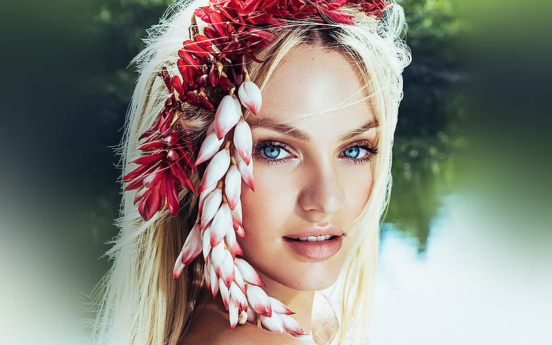 Candice Swanepoel portrait, face, South African supermodel, shoot, flower wreath, Victorias Secret, fashion model, HD wallpaper