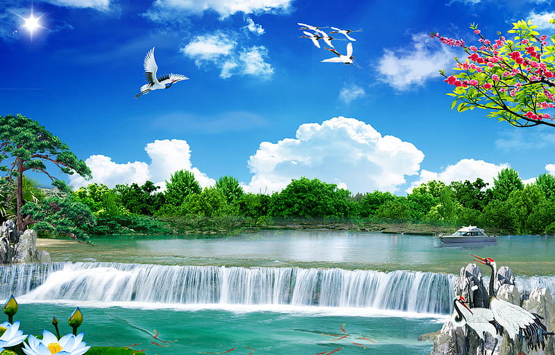 Waterfall, water, flowers, muntains, spring, lake, animals, HD wallpaper |  Peakpx