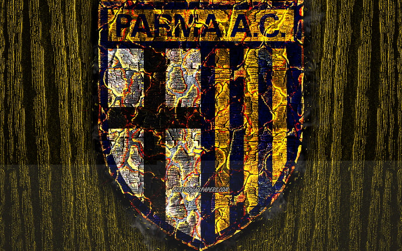 Parma FC, scorched logo, Serie A, yellow wooden background, italian football club, Parma Calcio 1913, grunge, football, soccer, Parma logo, fire texture, Italy, HD wallpaper