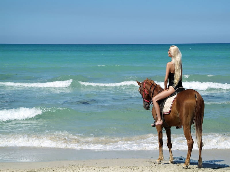 Cowgirl Vacation, female, models, ocean, fun, women, horses, sea, beaches, cowgirls, girls, fashion, blondes, western, style, HD wallpaper