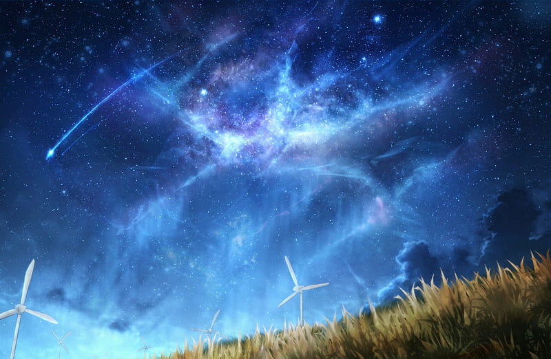 wind turbine, nebula, starry sky, space, art, HD wallpaper