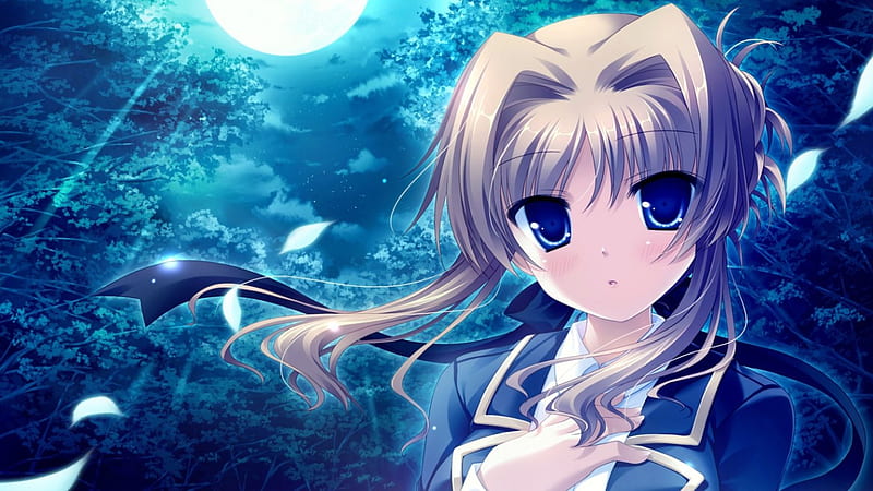 Kai, forest, wind, sky, moon, green, anime, moonlight, midori no umi, anime girl, blue, night, HD wallpaper