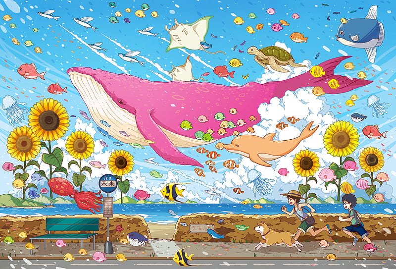 :-), vara, whale, anime, manga, summer, sunflower, pink, blue, HD wallpaper
