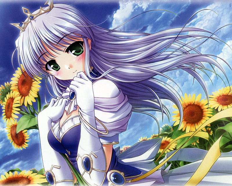 Flower Princess Girl Anime Breeze Flower Crown Sunflower Long Hair Blue Hd Wallpaper Peakpx